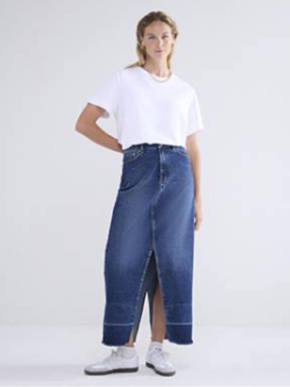 NWOT Summum Dark Blue Denim Maxi Skirt with Front Slit